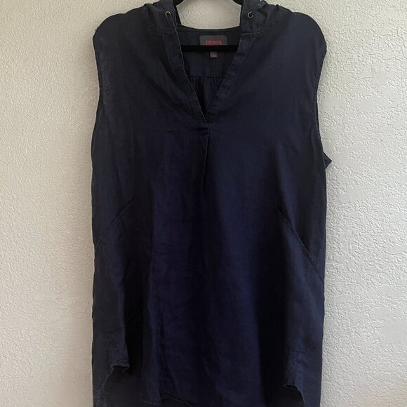 Forcynthia Beachwear Ladies Navy 100% Linen Hooded Sleeveless Coverup Sz L READ - Picture 1 of 10
